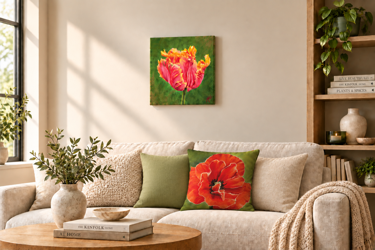 Parrot Tulip frameless canvas with poppy cushion and plain light olive green cushion