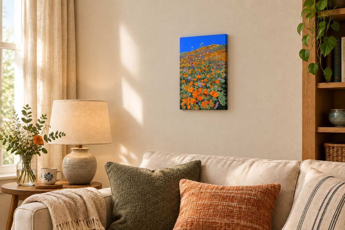 Revised cosy living-room mockup with a smaller A3 poppy canvas
